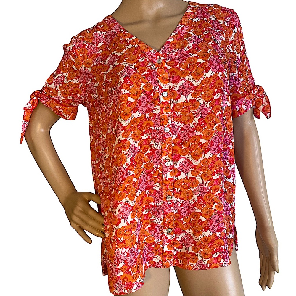 CYNTHIA ROWLEY  | BOW TIE SLEEVE FLORAL BUTTON DOWN BLOUSE  SZ S